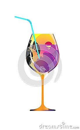 Girl drinks through a straw from a orange glass of liqueur or wine. Fun at the resort, reflection lady tanned cartoon, cocktail pa Vector Illustration