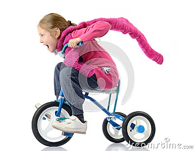 Girl drives a bicycle on white background Stock Photo