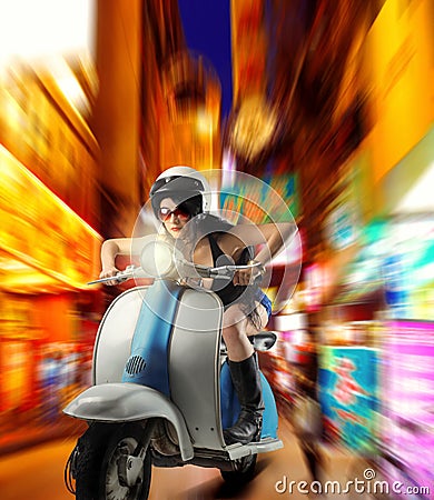 Girl drives moped Stock Photo