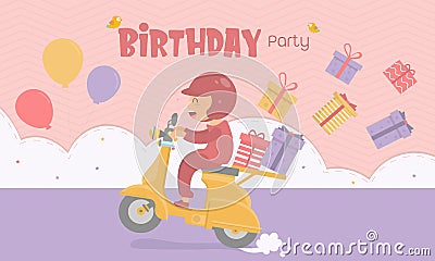 The girl is driving a scooter to a birthday party with cupcakes and balloons of many colors Vector Illustration