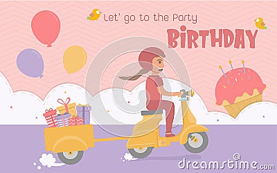 The girl is driving a scooter to a birthday party with a gift box and balloons. Vector Illustration