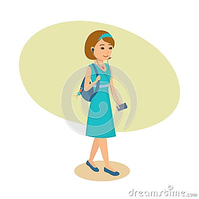 Girl with ear-phones in ears, listening music, walking along city. Vector Illustration