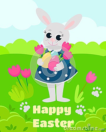 The Girl Easter Bunny in the dress holds decorative eggs and tulips in paws. The text of a happy Easter. Vector Illustration