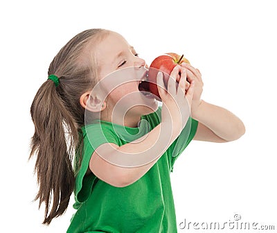 Girl eat apple on white Stock Photo