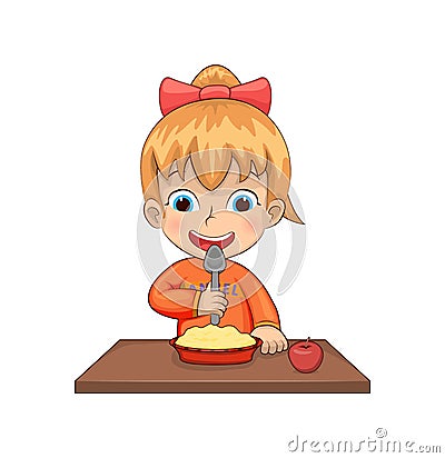 Girl Eating Breakfast Meal Vector Illustration Vector Illustration