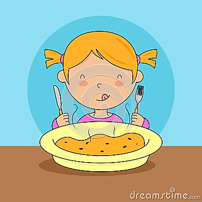 Girl eating with fork and knife Vector Illustration