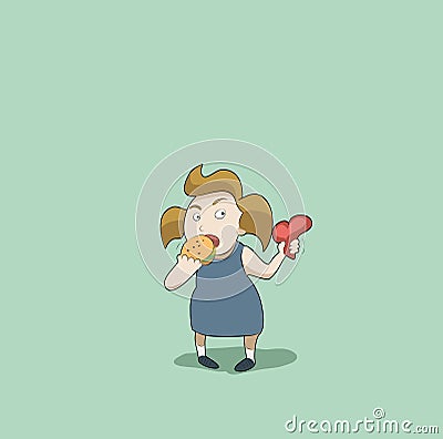 Girl eating a hamburger, holding a heart , vector illustration. Vector Illustration