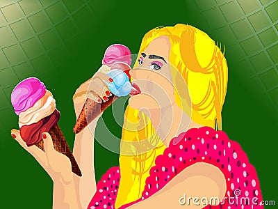 Girl eating ice cream colourful digital art illustration Cartoon Illustration