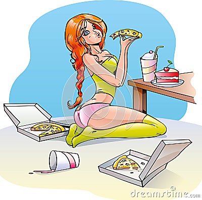 Girl eating pizza Vector Illustration
