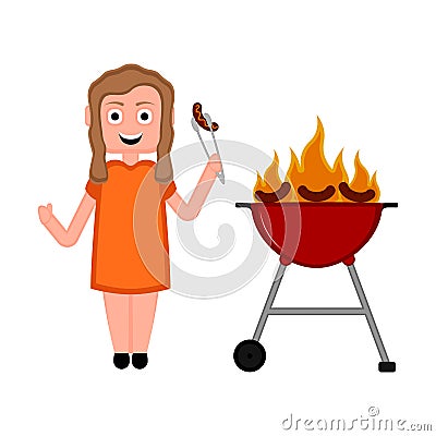 Girl eating a sausage. Barbecue image Vector Illustration
