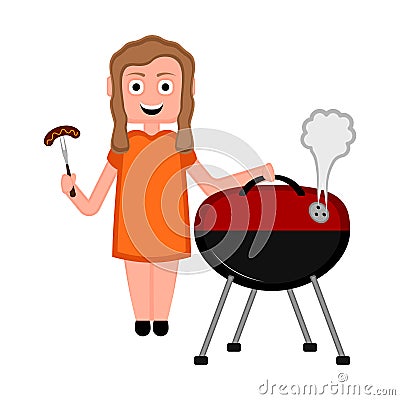 Girl eating a sausage. Barbecue image Vector Illustration