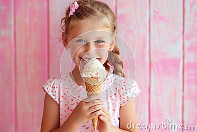 Girl Eats Vanilla Ice Cream On Pastel Background Stock Photo