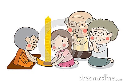 Girl and elderly couple offering Buddhist Lent candle with white background Vector Illustration