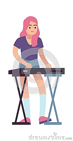 Girl and electronic piano. Young woman plays synthesizer vector rock or pop musician Vector Illustration