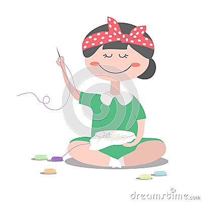 The girl is embroidering a cross. Vector Illustration