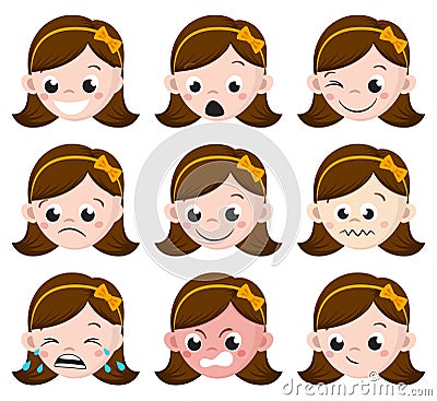 Girl Emotion Faces Cartoon. set of female avatar expressions. Vector Illustration