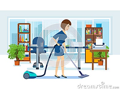 Girl, employees of the office, clean the cabinet. Vector Illustration