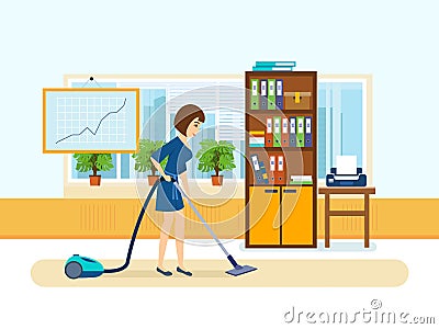 Girl, employees of the office, clean the cabinet. Vector Illustration