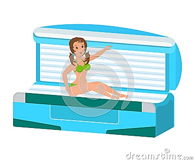 Girl engaged caring for body, came to reception in solarium. Vector Illustration