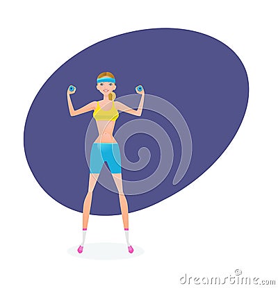 Girl engaged in exercise therapy and does exercises with dumbbells. Vector Illustration