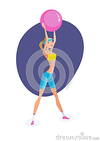 Girl engaged in exercise therapy, doing exercises with rubber ball. Vector Illustration