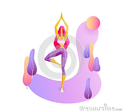 Girl is engaged in yoga, doing exercises Young strong woman Trendy flat vector Vector Illustration