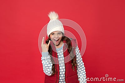 Girl enjoy winter. Good vibes. Cheerful child in cosy knitted outfit. Winter fashion. Childhood happiness. Winter Stock Photo