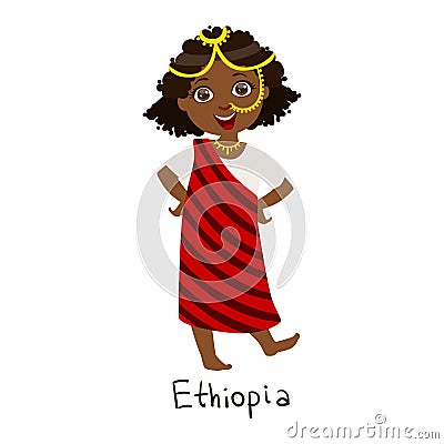 Girl In Ethiopia Country National Clothes, Wearing Stripy Cloth And Nose Chain Jewelry Traditional For The Nation Vector Illustration