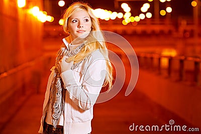 Girl in evening in city Stock Photo