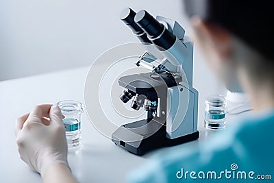 a girl examines water samples with a microscope, a water quality testing laboratory, copy space. Generative AI Cartoon Illustration