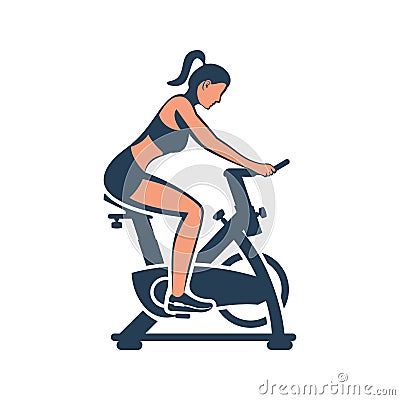 Girl on an exercise bike. A beautiful athletic girl is doing fitness. Vector Illustration