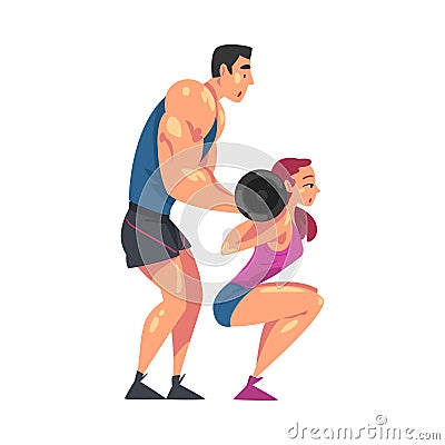 Girl Exercising with Barbell, Personal Male Trainer Instructor Character Helping Her, Physical Workout in Gym Style Vector Illustration