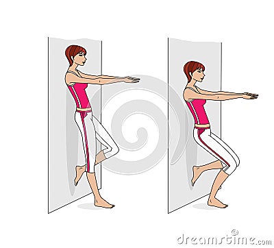 Girl is exercising. Squats with support on the wall. Illustration isolated on white background Stock Photo