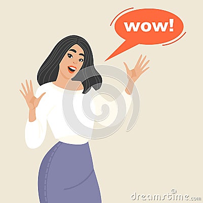 Girl expressing surprise and admiration with a speech bubble and wow text Vector Illustration