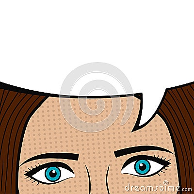Girl face with blank speech bubble for text. Woman eyes. Design of comic book page. Cartoon sketch in pop art style. Vector. Vector Illustration