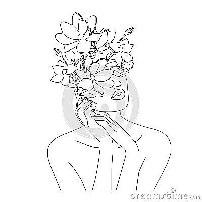 Girl face hands with flowers instead head. minnimalist oneline vector continious art Vector Illustration