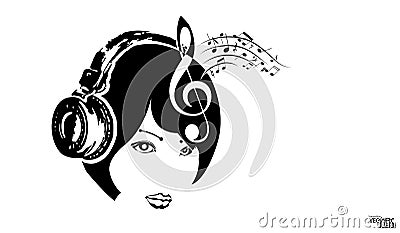 Girl face in headphone and musical notes, sketch. Black portrait icon, beautiful engraving hand drawn isolated on white. Design Vector Illustration