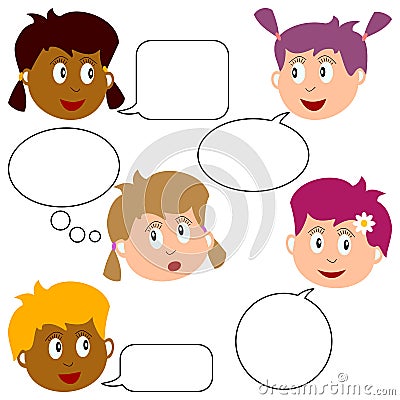 Girl Faces with Speech Bubbles Vector Illustration