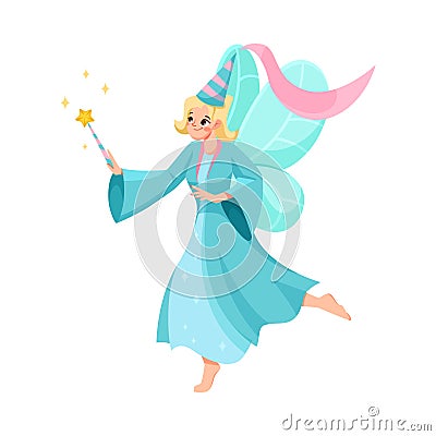 Girl Fairy Godmother with Wings and Magic Wand Flying as Good Fairytale Character Vector Illustration Vector Illustration