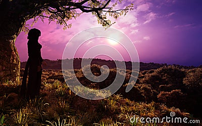 Girl In Fantasy Forest Romantic Sunset Stock Photo