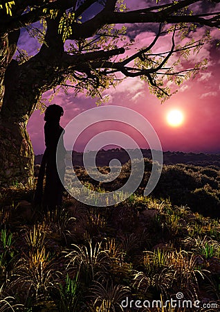 Girl In Fantasy Forest Romantic Sunset Vertical Stock Photo