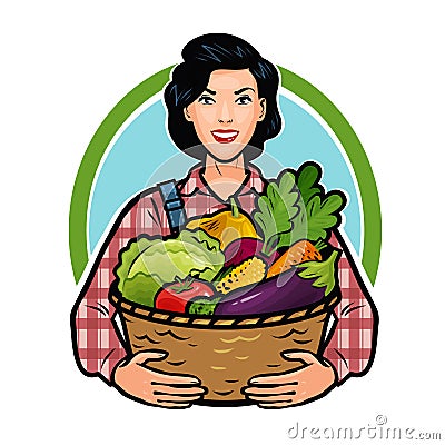 Girl or farmer holding a basket full of fresh vegetables. Healthy food, agriculture, farm concept. Cartoon vector illustration Stock Photo