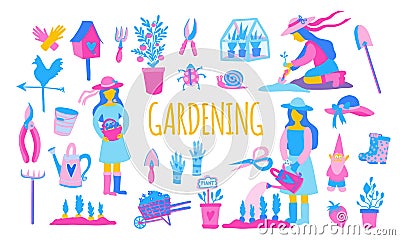 Girl farmer plants plants and harvests. Gardening tools. Rake or shovel and farm collection or farming. Set of clip art Cartoon Illustration