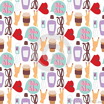 Girl fashion accessories casual woman style shopping items and beautiful cosmetic or makeup tools seamless pattern Vector Illustration