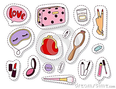 Girl fashion accessories casual woman style shopping items and beautiful cosmetic or makeup tools vector illustration. Vector Illustration