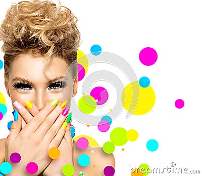 Girl with fashion hairstyle and colorful nail polish Stock Photo