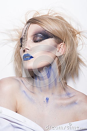 girl with fashion makeup. Happy halloween. Makeup cosmetics and skincare. woman with mystery makeup. Beauty Stock Photo