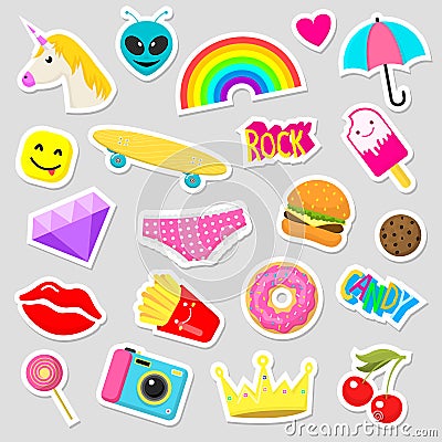 Girl fashion stickers patches cute colorful badges fun cartoon icons design doodle element trendy print vector Vector Illustration