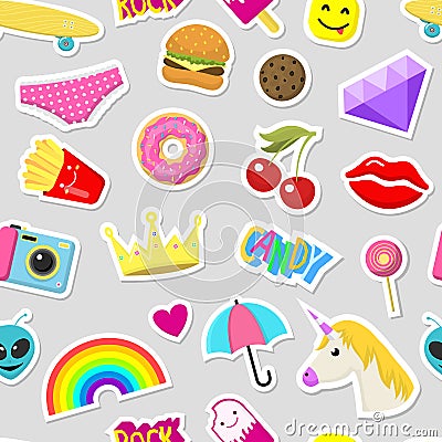 Girl fashion stickers patches cute colorful badges fun cartoon icons design doodle element trendy print vector Vector Illustration