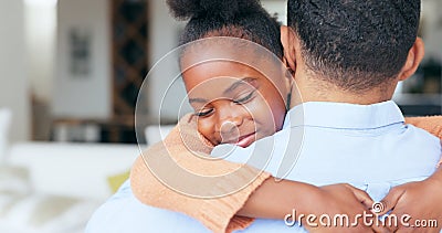 Girl, father and hug in closeup, back and family home with welcome, reunion and smile with love in living room. African Stock Photo